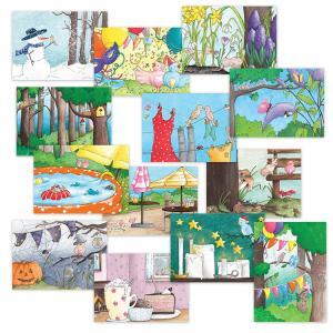 Setje van 13 ansichtkaarten: Kalender illustraties