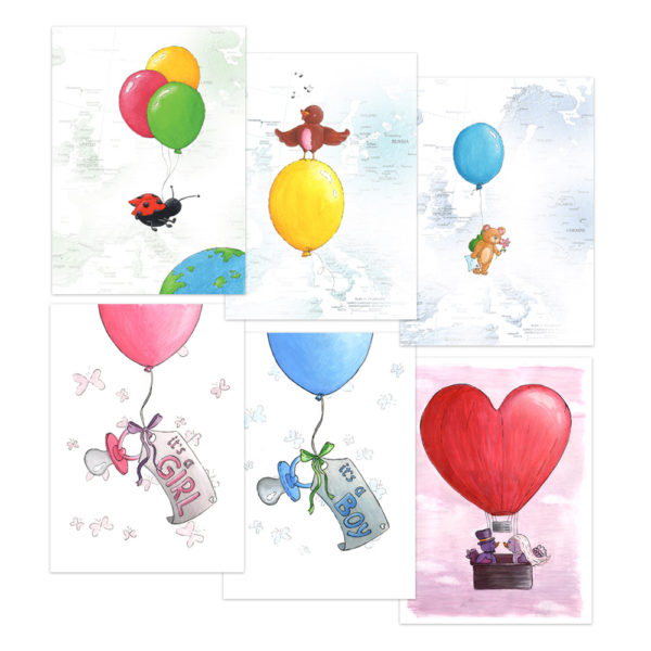 Setje 6 wenskaarten, thema: Ballonnen