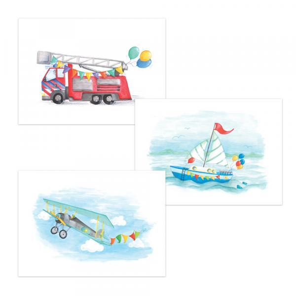 Set van 6 wenskaarten: vrolijke voertuigen