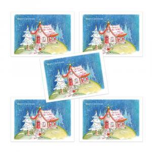 Set van 5 kerstkaarten: Kersthuisje met post