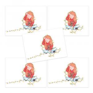 Set van 5 kerstkaarten: Meisje met kerstlampjes