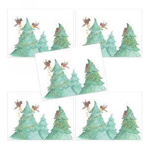 Set van 5 kerstkaarten: Vogeltjes met kerstlampjes